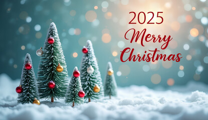 Christmas holiday background, Merry Christmas poster design small snow Christmas trees with balls with greeting text, 2025 Happy Christmas photography