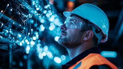 Focused Worker in White Hard Hat and Safety Goggles at Factory Machine with Wires and Cables, Concentration Concept.