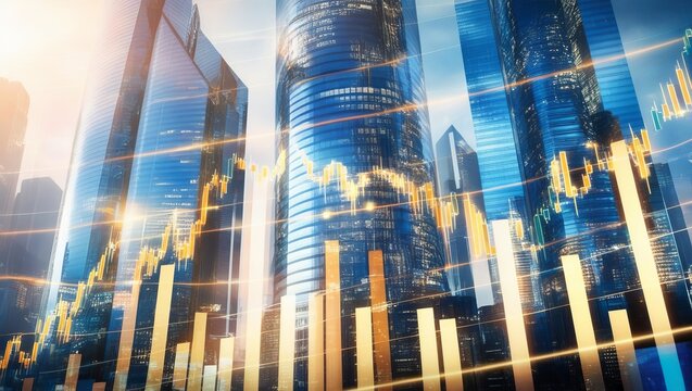 Multi exposure of abstract virtual financial graph hologram on blurry modern office building background, forex and investment concept - Powered by Adobe