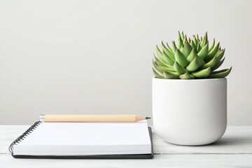Minimalist desktop mockup with blank notebook and succulent plant home office setup clean environment aesthetic viewpoint for creative inspiration and productivity
