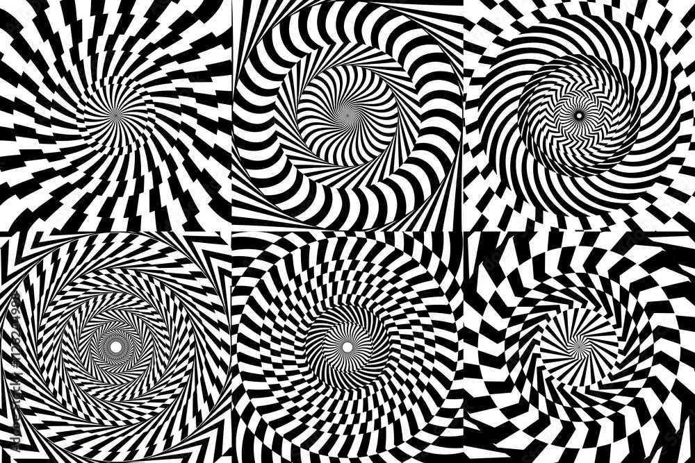 Leinwandbilder psychedelic hypnotic spiral pattern, hypnosis swirls vector backgrounds set. optical illusion monoch