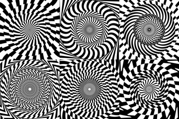 Psychedelic hypnotic spiral pattern, hypnosis swirls vector backgrounds set. Optical illusion monochrome patterns with vertigo twirl texture. Black white abstract geometric motif of hypnotic swirls