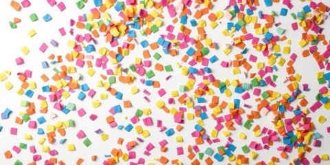 Colorful confetti scattered on a clean white background, cheerful