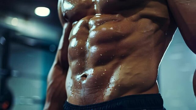 close up of abdominal muscles on the sporty male stomach in the gym