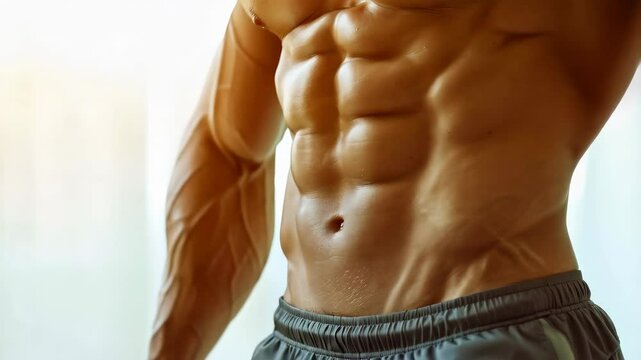 close up of abdominal muscles on the sporty male stomach over white background