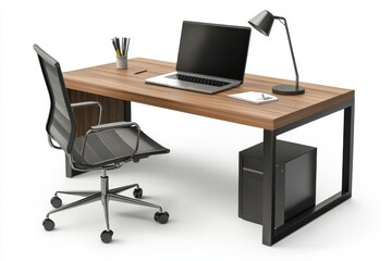 A modern office desk setup with a sleek wooden tabletop