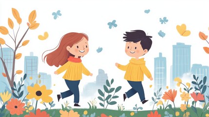 Joyful Children Playing Outdoors in Colorful Nature Scene Vector