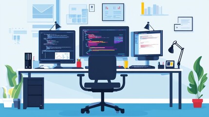 The Developer's Den: A minimalist flat lay illustration showcases a programmer's workspace with three computer screens displaying lines of code.