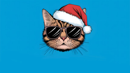 Photo of a fluffy cat wearing Santa Claus hat Isolated on Blue background.