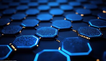 Obraz premium Abstract blue background with a hexagonal pattern and connection lines, suggesting a technology, science, or medical concept