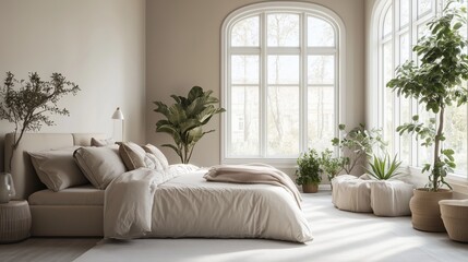 A luxurious, minimalist bedroom with a king-size bed, neutral colors, and a few carefully placed indoor plants. The room features large windows that flood the space with natural light, enhancing