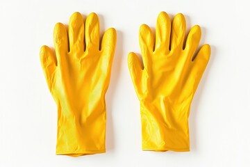 A pair of bright yellow rubber cleaning gloves placed side by side with slightly wrinkled textures visible on the surface