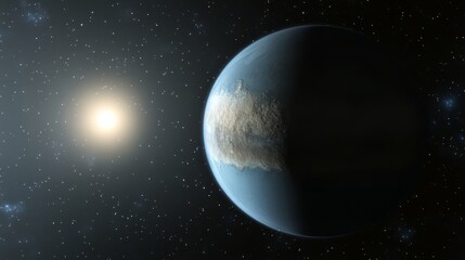 Obraz premium Exoplanet Kepler-186f: A stunning view of a hypothetical exoplanet, Kepler-186f, orbiting a distant star, showcasing a possible terrestrial world with a potential for life.