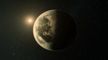 Fototapeta premium Celestial Orb: A mesmerizing image of an exoplanet, reminiscent of Earth, bathed in the gentle glow of a distant star, floating in the vastness of space.
