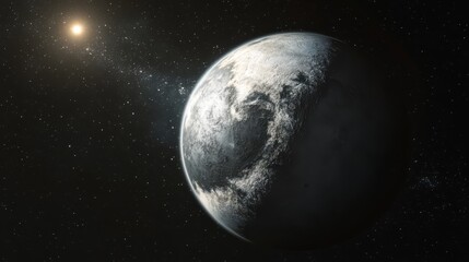 Obraz premium Celestial Sphere: A majestic depiction of a solitary planet amidst the vastness of space, illuminated by a radiant sun. Capturing a sense of wonder and the unexplored cosmic expanse. 