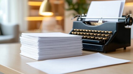 Vintage Typewriter with Blank Papers on a Wooden Table