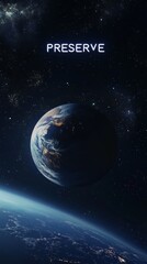 Fototapeta premium Preserve Our Planet: A poignant and powerful image of Earth from space, with the word 