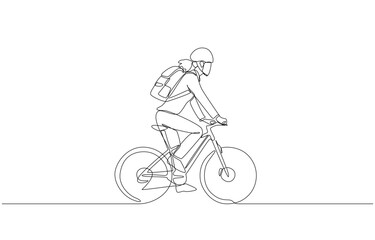 Continuous one line drawing of young female office worker riding bicycle to work, environmentally-friendly commuting to work concept, single line art