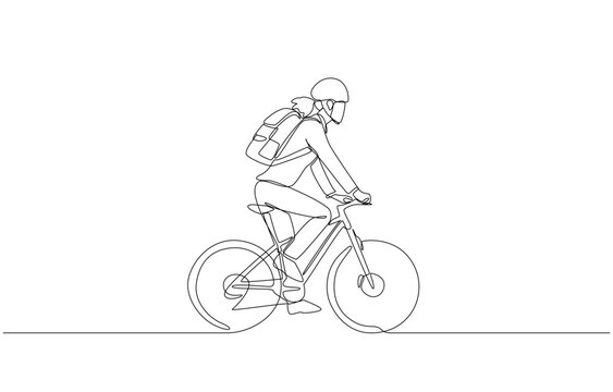 recommend clip art: Continuous one line drawing of young female office worker riding bicycle to work, environmentally-friendly commuting to work concept, single line art