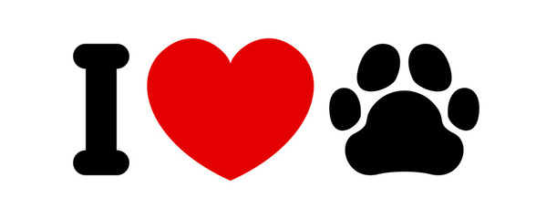 i love my pet, heart shape with dog or cat footprint, i love animal in symbolic inscription concept