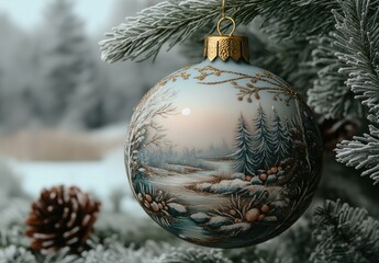 Fototapeta na wymiar A gray Christmas ball with a snow landscape on a Christmas tree.