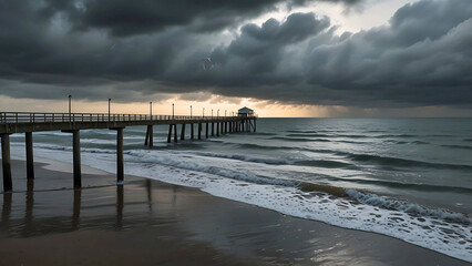 Fototapeta premium Tranquil North Sea Pier with Rippling Water Under Overcast Skies