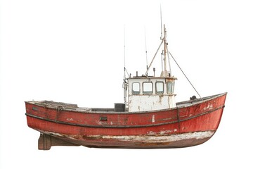 Naklejka premium A rustic red fishing boat with visible weathered paint