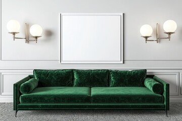 Modern living room with a velvet sofa, white poster, wall lamps, and a soft grey carpet.
