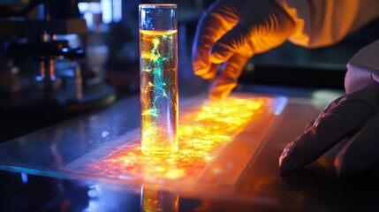 Bio-luminescent Research: A scientist's gloved hand carefully manipulates a glowing test tube containing a bioluminescent substance, creating a mesmerizing display of science in action.  