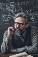 A contemplative 48-year-old male theoretical mathematician solving a complex mathematical problem that could transform multiple scientific disciplines