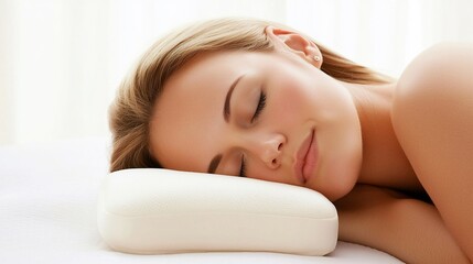 Obraz premium Serene woman sleeping peacefully on a comfortable pillow.