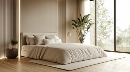 Fototapeta premium A minimalist luxury bedroom with a king-size bed featuring soft, neutral-colored linens, a slim modern headboard, and a decorative potted plant near a large window. 