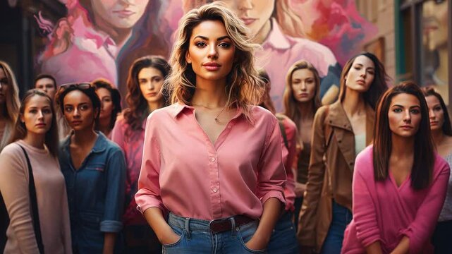 young woman in pink clothes surrounded by women, feminist movement, march 8, female portrait, beautiful girls, international women's day