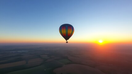 Obraz premium Hot Air Balloon Sunrise: A vibrant hot air balloon ascends gracefully against a breathtaking sunrise, casting a warm, golden hue across the tranquil landscape below. 