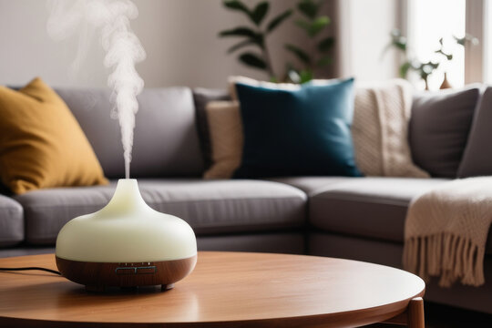 Aroma oil diffuser on wooden table at home, space for text. Air freshener. Humidifier. AI generated