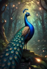Fototapeta premium A vibrant blue peacock perched on a tree branch surrounded by blossoms