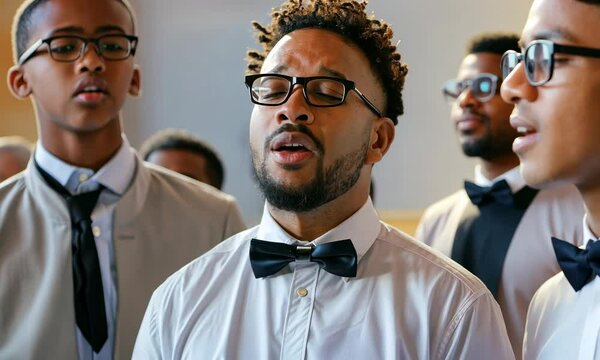 Group of African American male singers performing with passion and in formal attire