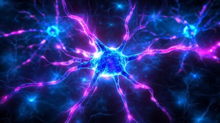 Neural Network: Abstract representation of a neural network with glowing blue and purple neuron cells, showcasing the intricate connections and pathways of the brain.