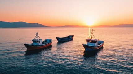 Naklejka premium Three fishing boats float on calm waters during a vibrant sunset, casting reflections and surrounded by mountains in the distance.