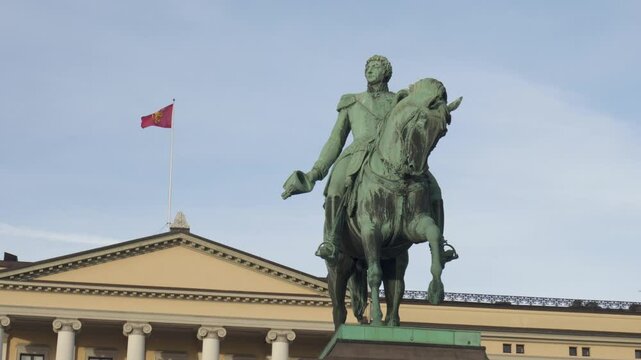 Oslo Royal Palace - Karl Johan Monument, Equestrian Statue On Slottsplassen. - closeup shot