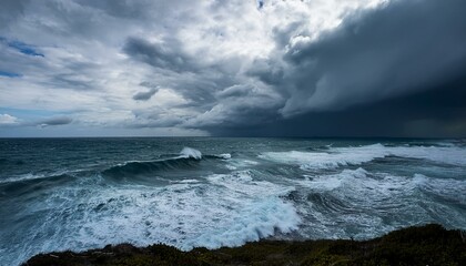 曇り空の下、空と海が溶け合う荒れた海と高波の重い情景
