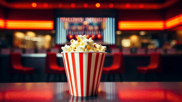  video of striped red and white bucket of popcorn on background of cinema, movie theater, food, snack, entertainment, corn
