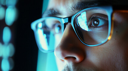 Close-Up of Intense Gaze of Person in Glasses Reflecting Light from Screen in Dark Room with Colorful Backlighting