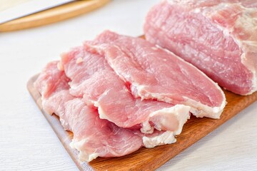 Sliced  pork in cutting board on a white background, 
