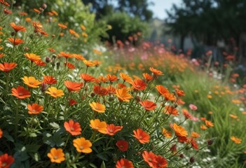 Close-up of blooming orange and red wildflowers in garden, vibrant, wild flowers, bloom, orange, close-up