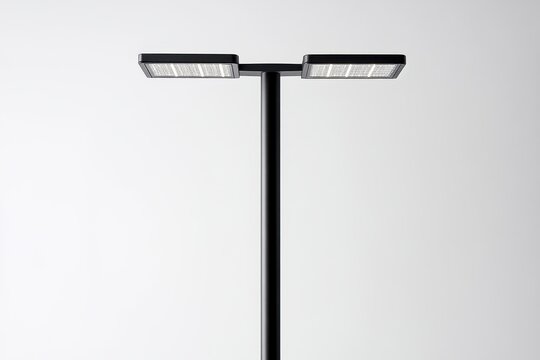 A tall modern street lamp with a sleek black pole and two rectangular LED light fixtures at the top