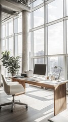 Fototapeta premium Modern Minimalist Home Office: Sunlight streams into a spacious, minimalist home office, illuminating a sleek wooden desk, comfortable chair.