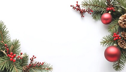 Festive Christmas Border Red features a white background with corners adorned by lush green pine branchesaccented by red berries pine cones and two deep red Christmas ornaments.