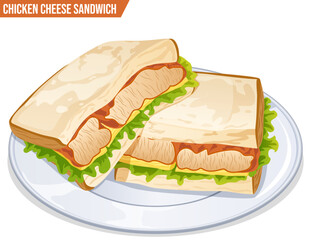 Chicken Cheese Sandwich Cut In Halves on Plate. Appetizing Anime Food Art