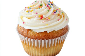 A vanilla cupcake topped with a swirl of creamy white frosting